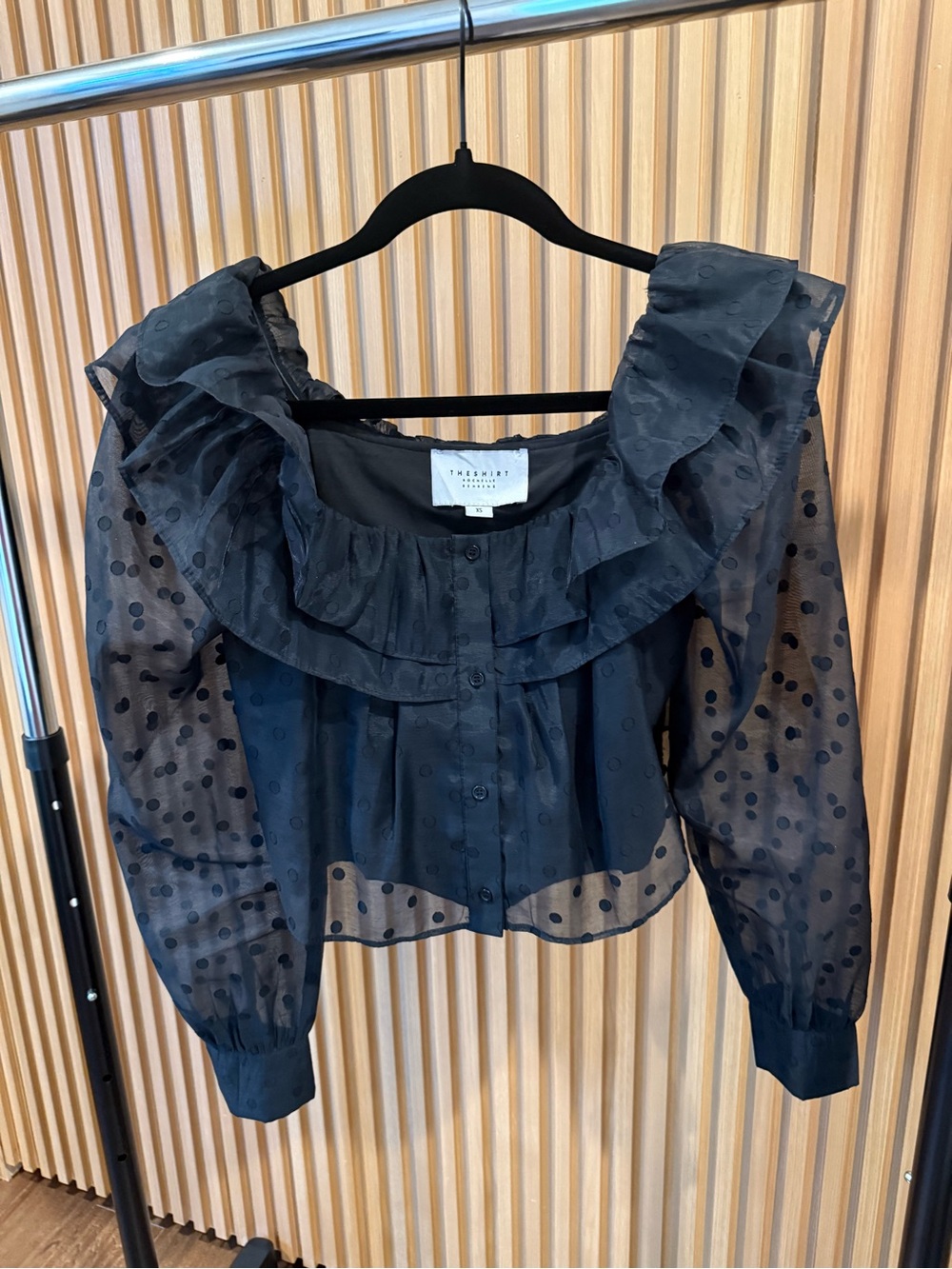 The Shirt by Rochelle Behrens Black Sheer Polka Dot Ruffle Blouse